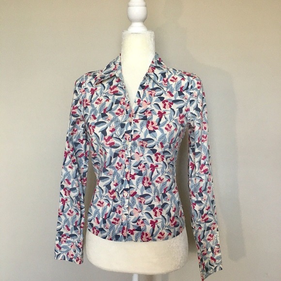 Old Navy X-Small Button Up Blouse Blue White Pink Floral Long Sleeve Career Top - Picture 1 of 12